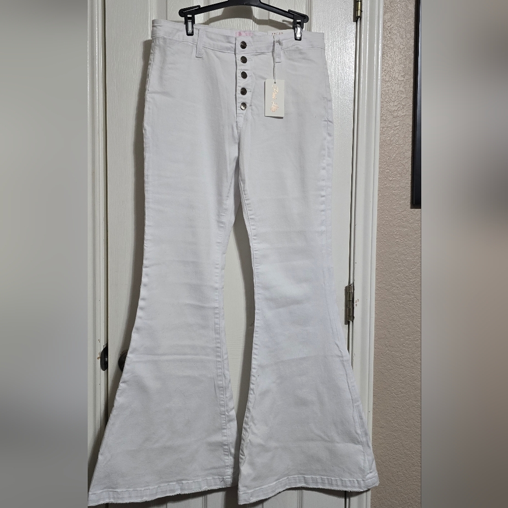 Pink Lily White Button Flare Pants